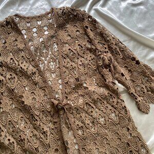 Brown Crochet Tie Front Cardigan Boho Summer Beach Large Bell Sleeve